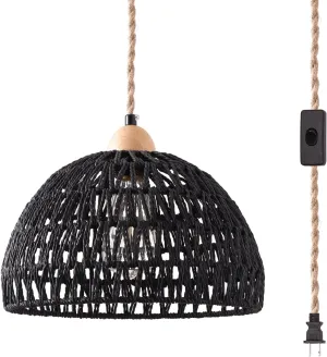 Plug in Pendant Light, Hanging Lamp with Plug in Cord, Hand Woven Rattan Lamp Shade, 15FT Hemp Rope Pendant Lamp Cord with On/Off Switch, Boho Hanging Lights Fixture for Living Room Bedroom