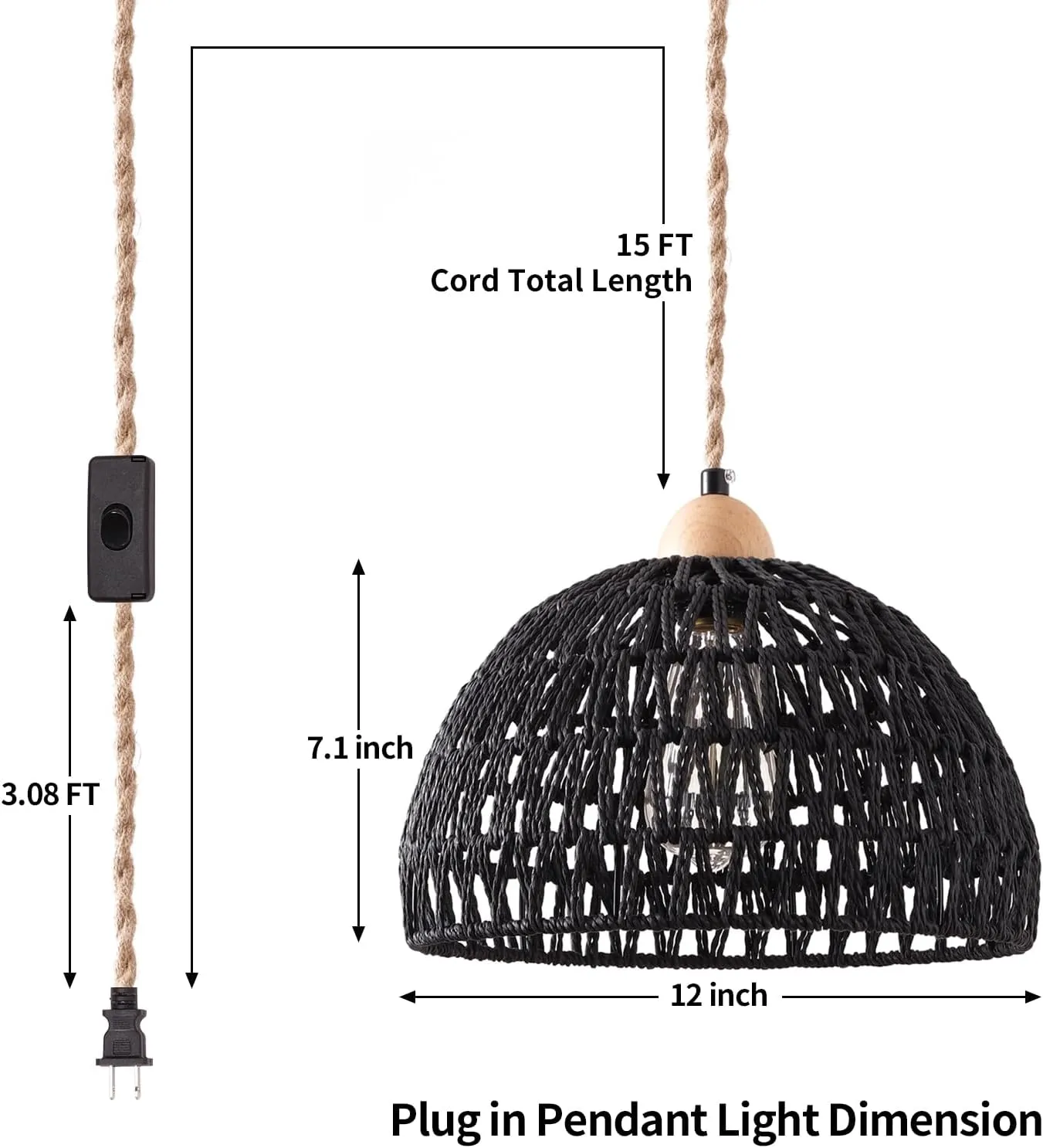 Plug in Pendant Light, Hanging Lamp with Plug in Cord, Hand Woven Rattan Lamp Shade, 15FT Hemp Rope Pendant Lamp Cord with On/Off Switch, Boho Hanging Lights Fixture for Living Room Bedroom