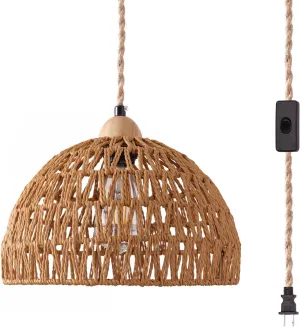 Plug in Pendant Light, Hanging Lamp with Plug in Cord, Hand Woven Rattan Lamp Shade, 15FT Hemp Rope Pendant Lamp Cord with On/Off Switch, Boho Hanging Lights Fixture for Living Room Bedroom