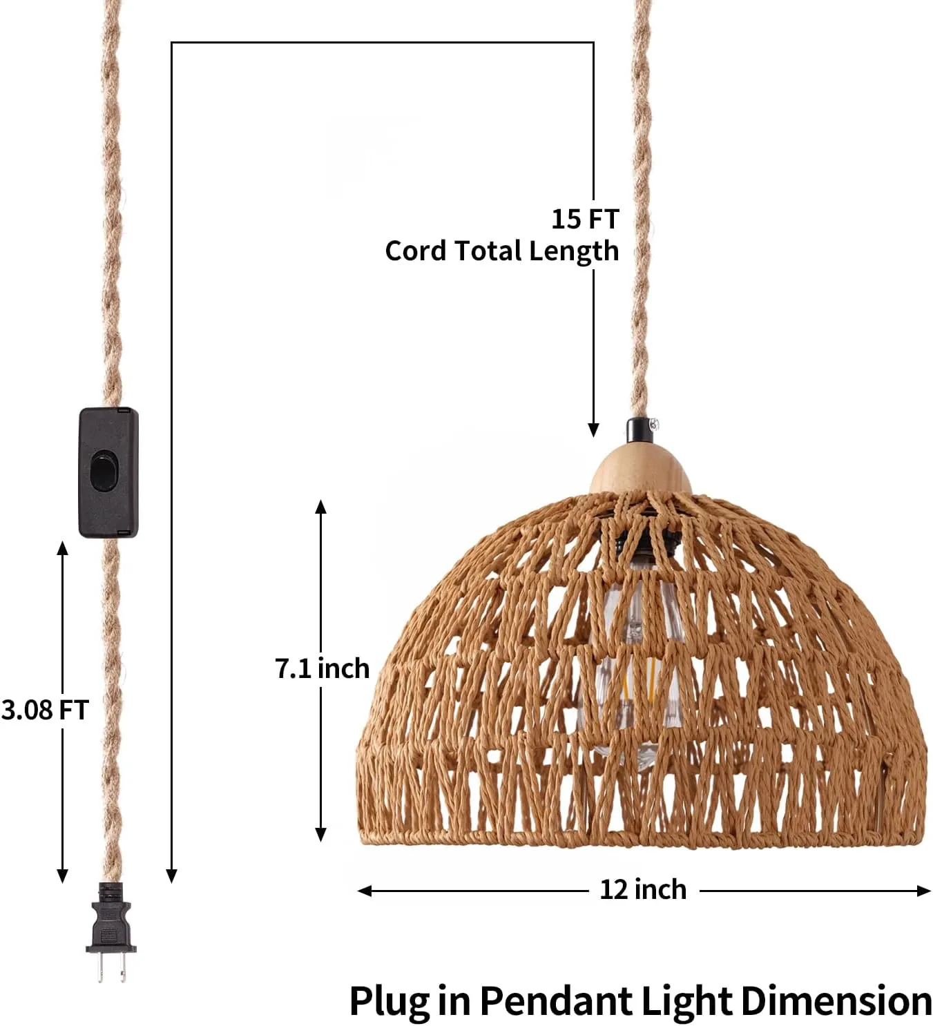 Plug in Pendant Light, Hanging Lamp with Plug in Cord, Hand Woven Rattan Lamp Shade, 15FT Hemp Rope Pendant Lamp Cord with On/Off Switch, Boho Hanging Lights Fixture for Living Room Bedroom