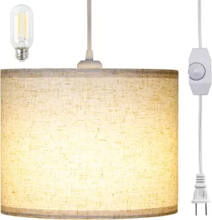 Plug in Pendant Light, Hanging Light with Plug in Cord 15Ft, On/Off Switch Pendant Lighting with Linen Shade, Hanging Lamp Fixture for Living Room, Bedroom, Kitchen, Dining Room (Beige)