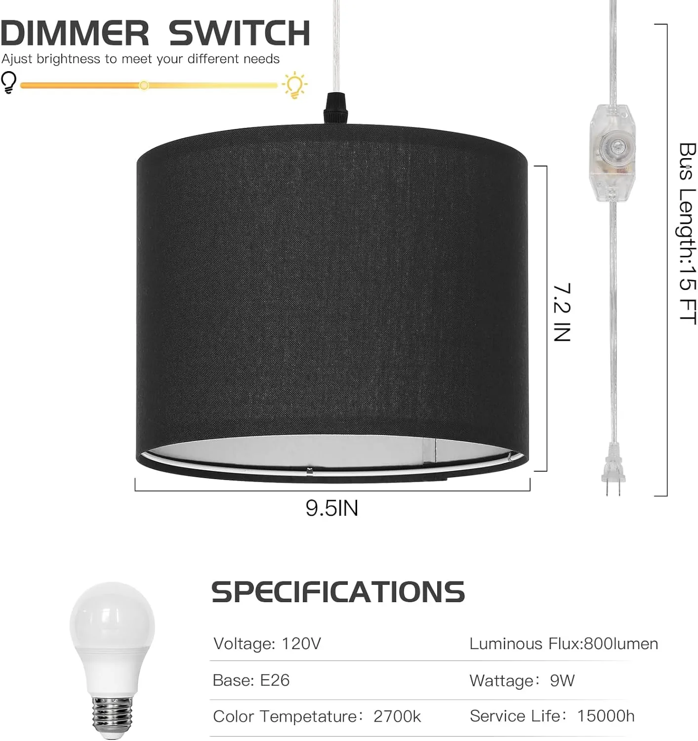 Plug in Pendant Light, Hanging Light with Plug in Cord with Dimmable Switch, Hanging Lamp with 15 ft Clear Cord, Black Pendant Light Fixture for Bedroom