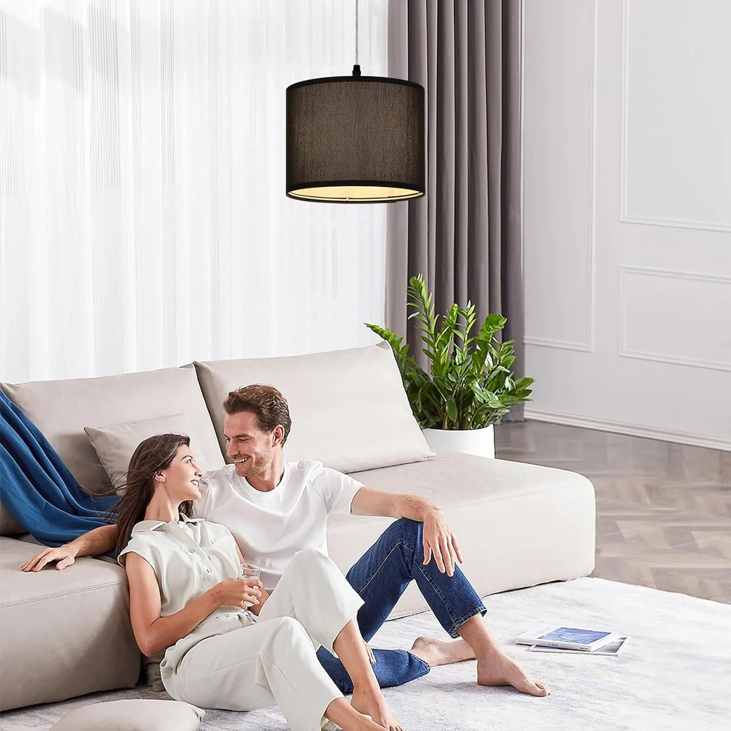 Plug in Pendant Light, Hanging Light with Plug in Cord with Dimmable Switch, Hanging Lamp with 15 ft Clear Cord, Black Pendant Light Fixture for Bedroom