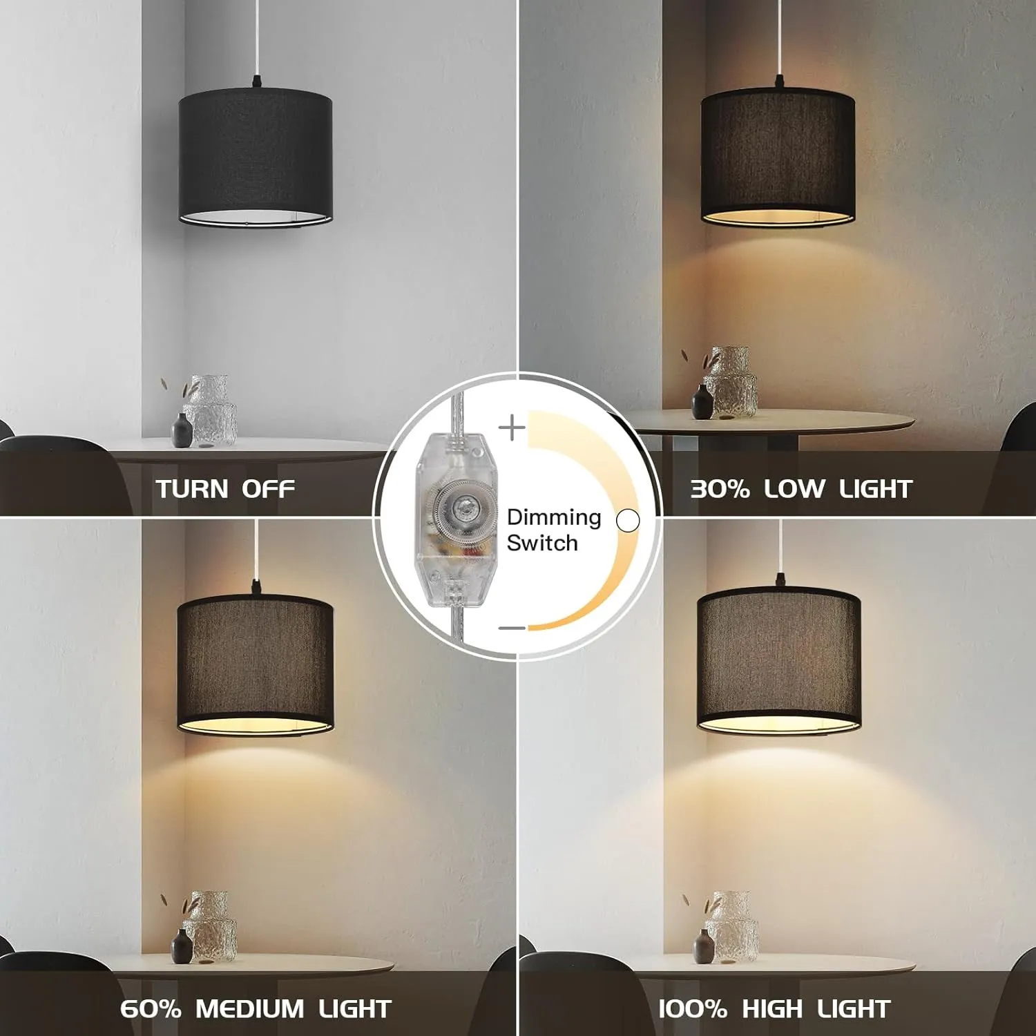 Plug in Pendant Light, Hanging Light with Plug in Cord with Dimmable Switch, Hanging Lamp with 15 ft Clear Cord, Black Pendant Light Fixture for Bedroom