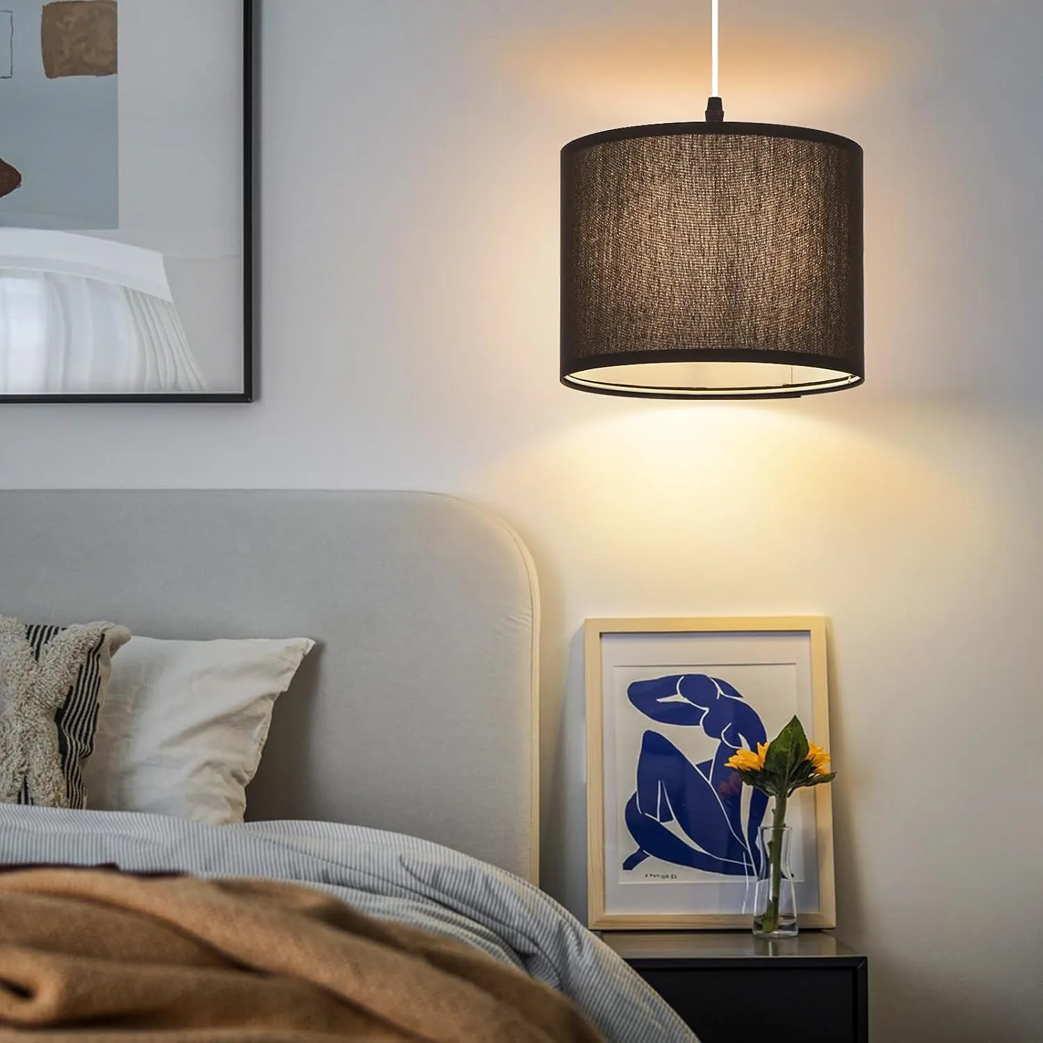 Plug in Pendant Light, Hanging Light with Plug in Cord with Dimmable Switch, Hanging Lamp with 15 ft Clear Cord, Black Pendant Light Fixture for Bedroom