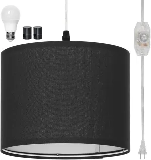 Plug in Pendant Light, Hanging Light with Plug in Cord with Dimmable Switch, Hanging Lamp with 15 ft Clear Cord, Black Pendant Light Fixture for Bedroom