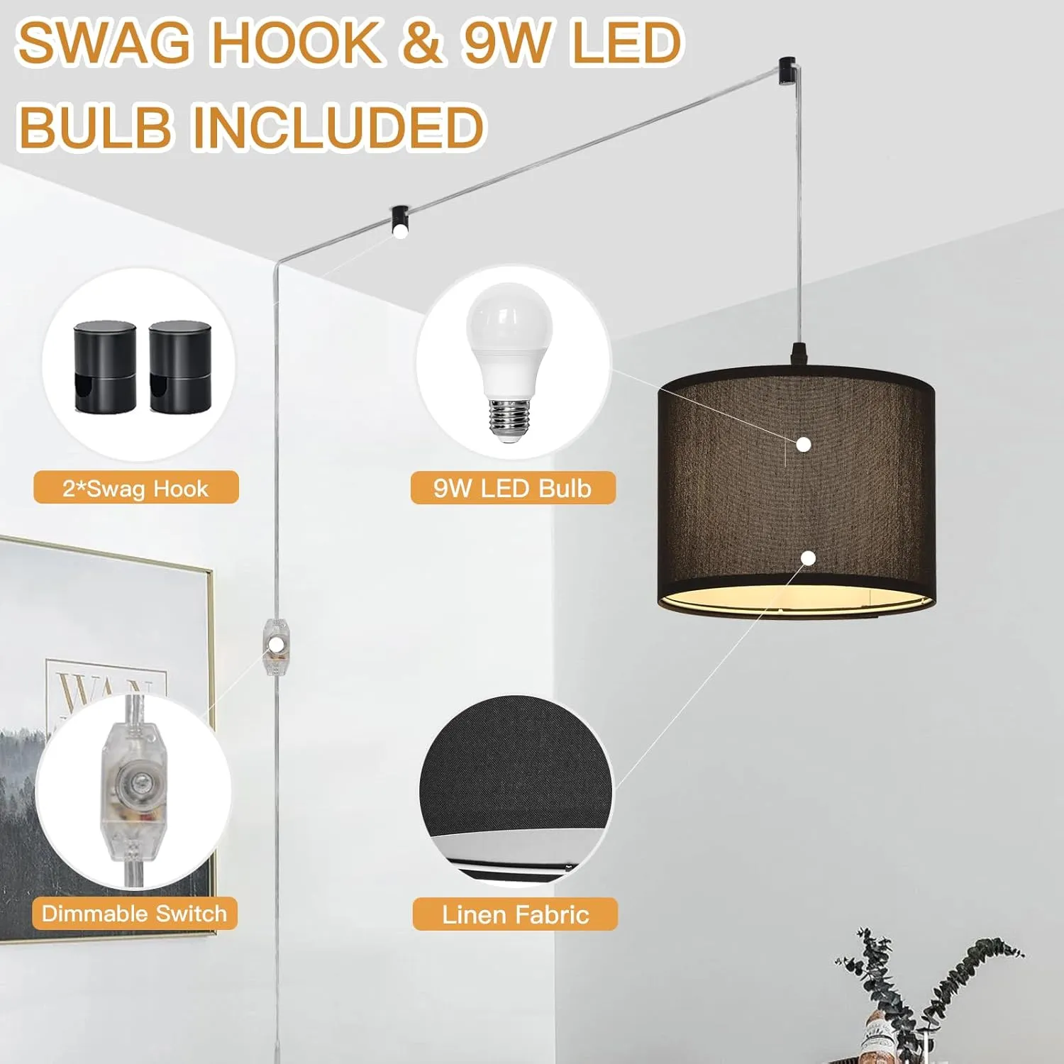 Plug in Pendant Light, Hanging Light with Plug in Cord with Dimmable Switch, Hanging Lamp with 15 ft Clear Cord, Black Pendant Light Fixture for Bedroom