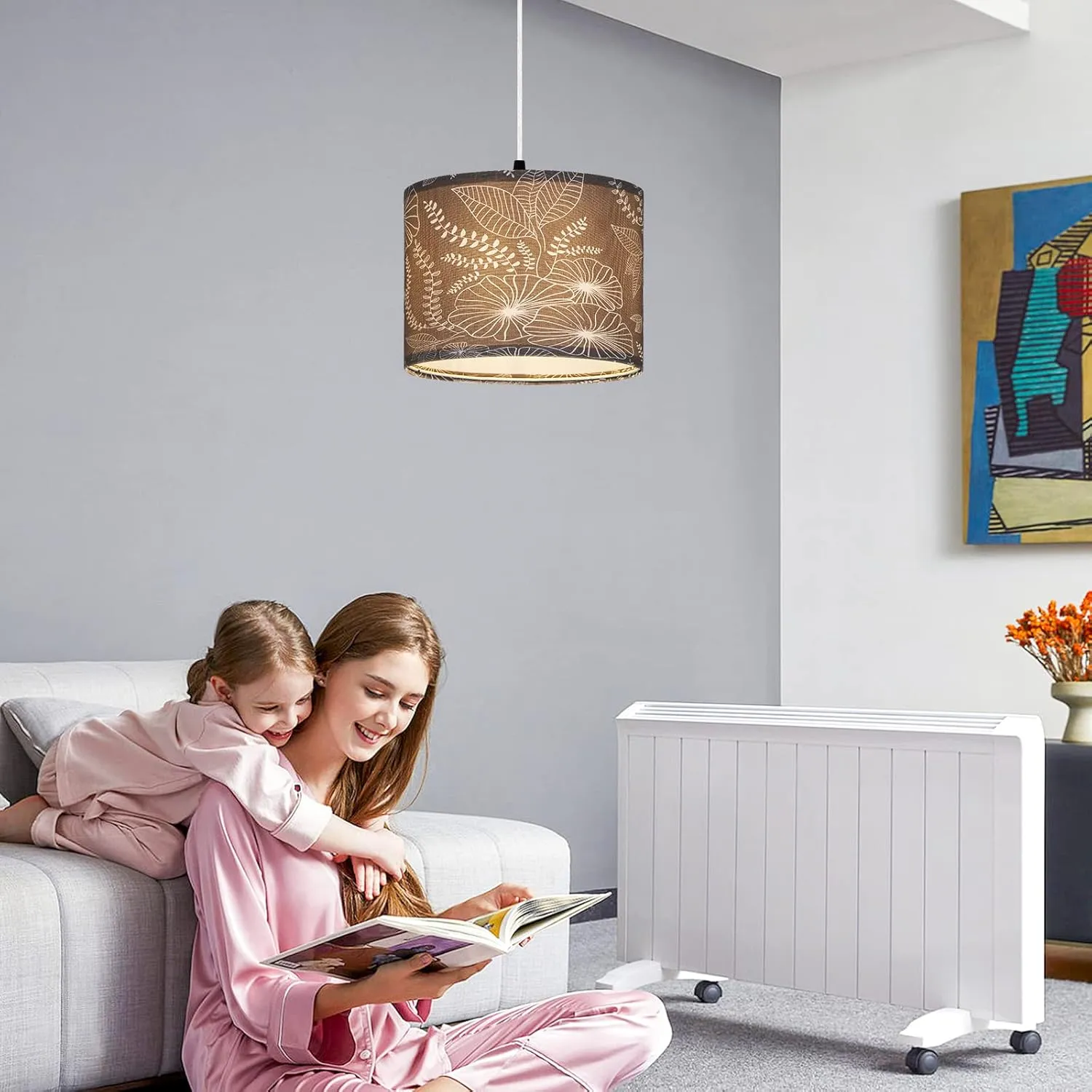 Plug in Pendant Light, Hanging Light with Plug in Cord with Dimmable Switch, Hanging Lamp with 15 ft Clear Cord, Grey Pendant Light Fixture for Bedroom