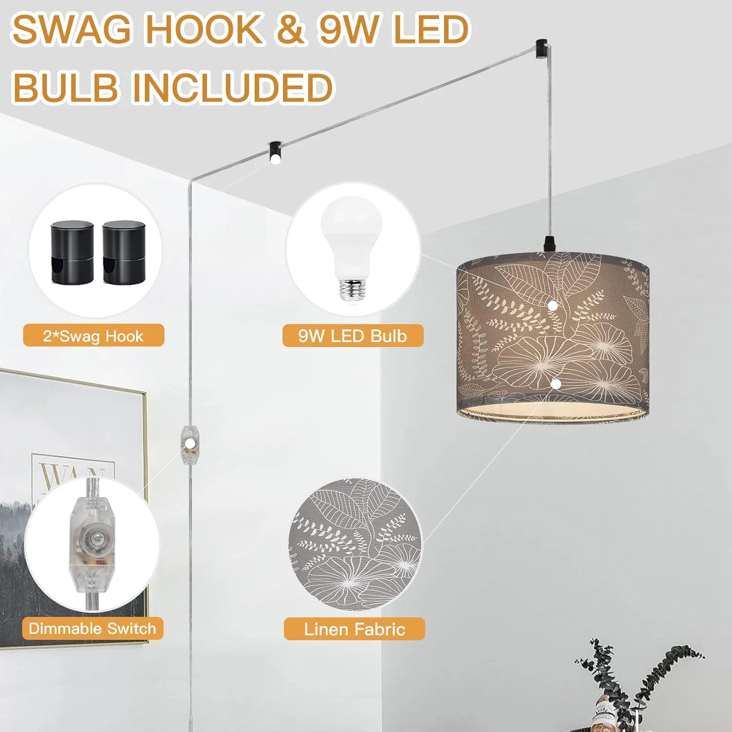 Plug in Pendant Light, Hanging Light with Plug in Cord with Dimmable Switch, Hanging Lamp with 15 ft Clear Cord, Grey Pendant Light Fixture for Bedroom