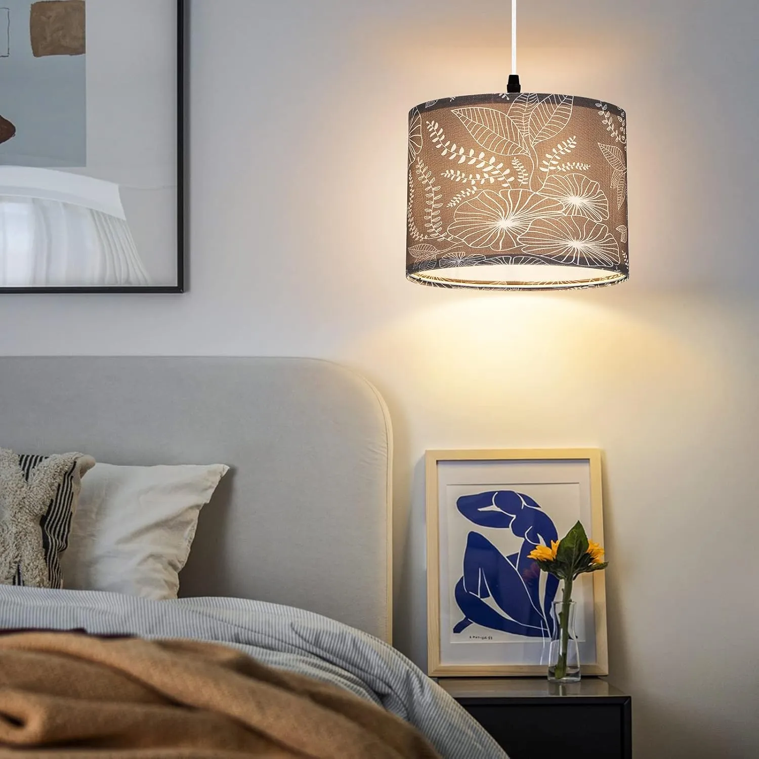 Plug in Pendant Light, Hanging Light with Plug in Cord with Dimmable Switch, Hanging Lamp with 15 ft Clear Cord, Grey Pendant Light Fixture for Bedroom
