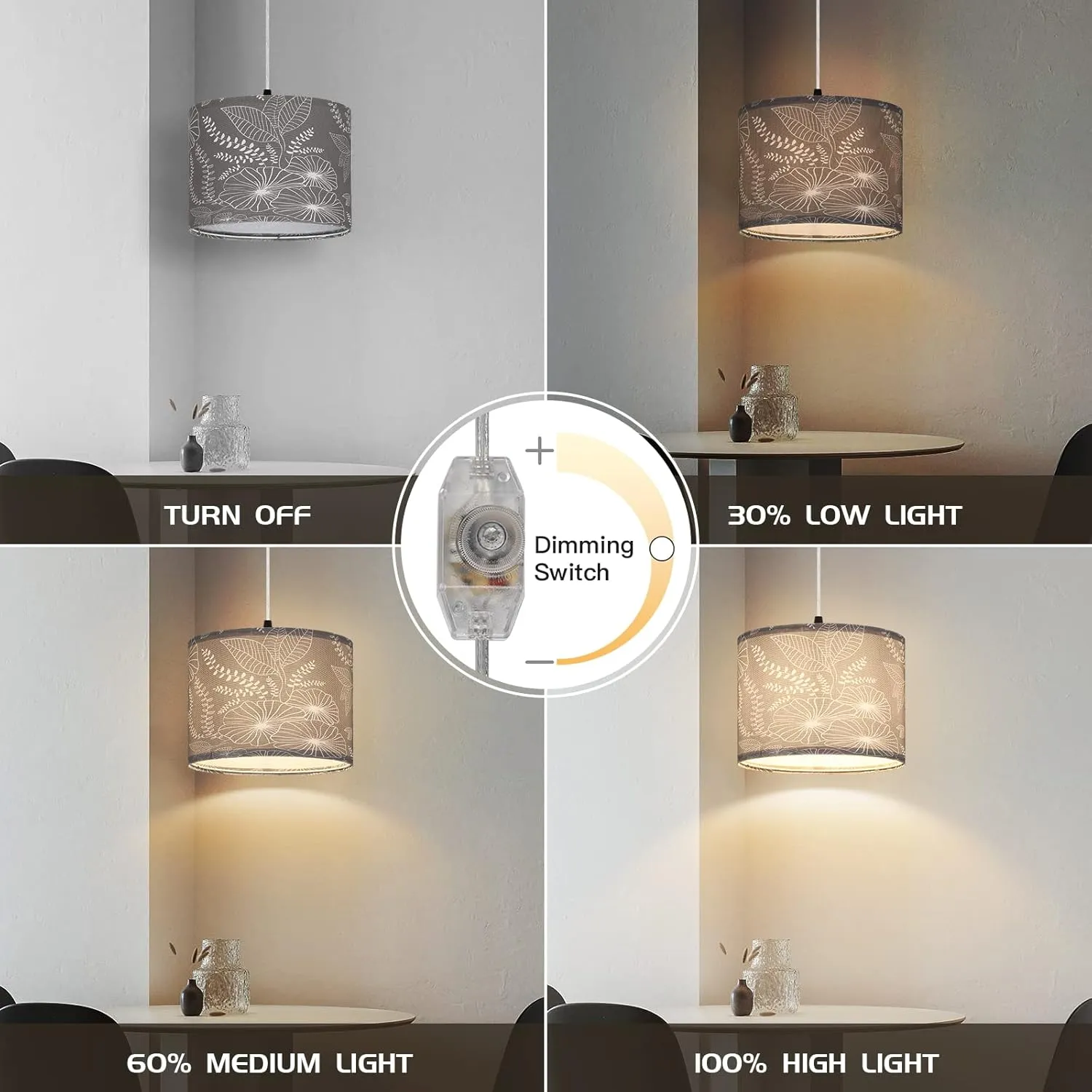 Plug in Pendant Light, Hanging Light with Plug in Cord with Dimmable Switch, Hanging Lamp with 15 ft Clear Cord, Grey Pendant Light Fixture for Bedroom