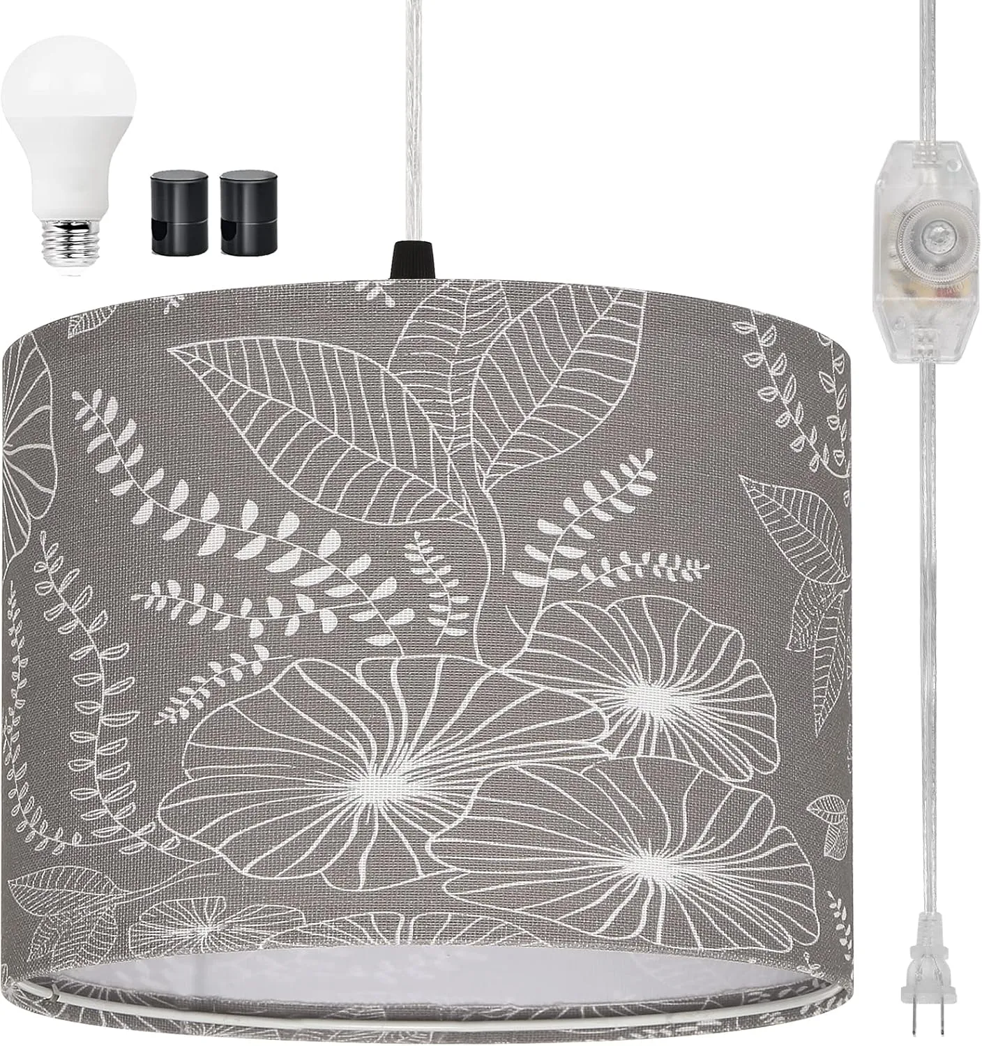 Plug in Pendant Light, Hanging Light with Plug in Cord with Dimmable Switch, Hanging Lamp with 15 ft Clear Cord, Grey Pendant Light Fixture for Bedroom
