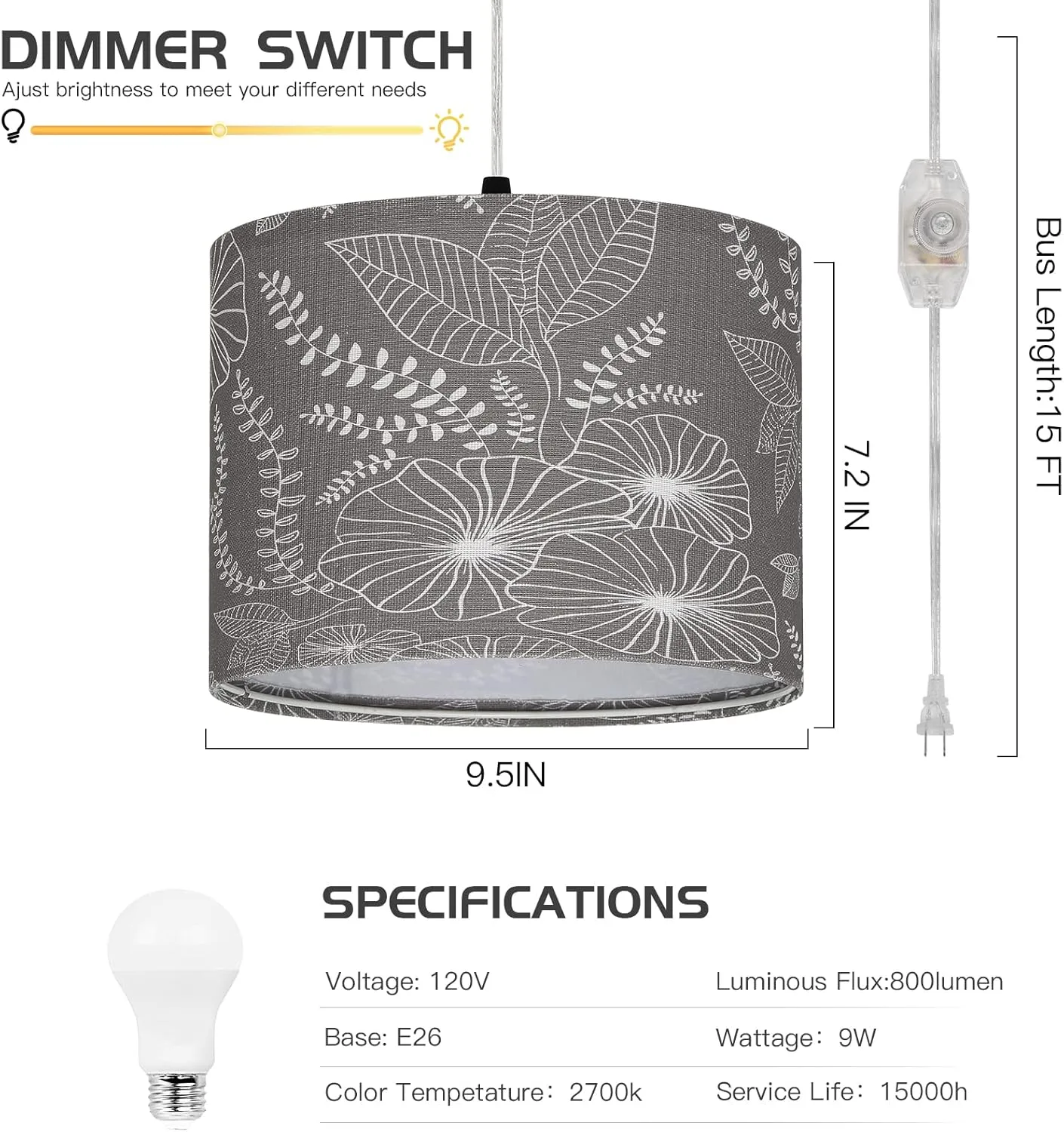 Plug in Pendant Light, Hanging Light with Plug in Cord with Dimmable Switch, Hanging Lamp with 15 ft Clear Cord, Grey Pendant Light Fixture for Bedroom