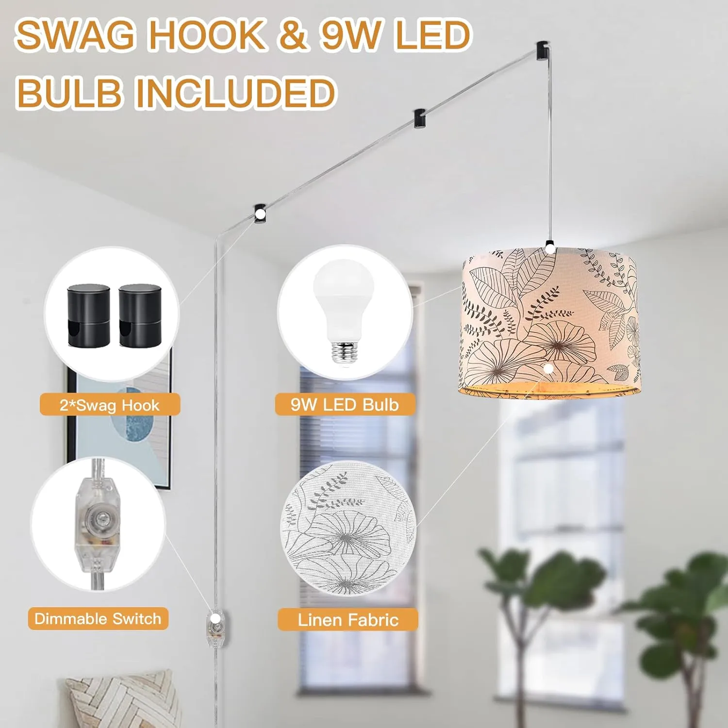 Plug in Pendant Light, Hanging Light with Plug in Cord with Dimmable Switch, Hanging Lamp with 15 ft Clear Cord, Pendant Lights Fixture for Bedroom Kitchen Island (Bulb Included)