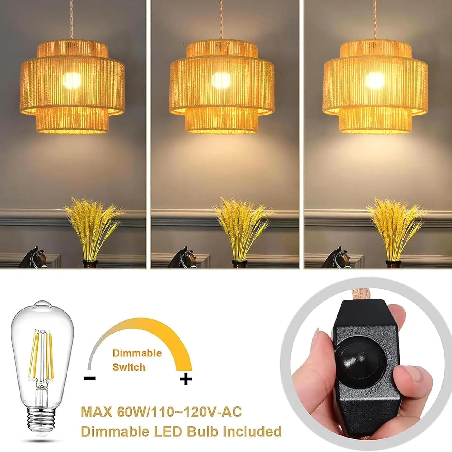 Plug in Pendant Light Hanging Lights with Plug in Cord Hanging Lamp Boho Rattan Dimmable Wicker Bamboo Woven Shade Hemp Rope Ceiling Light Fixture for Living Room Bedroom Kitchen
