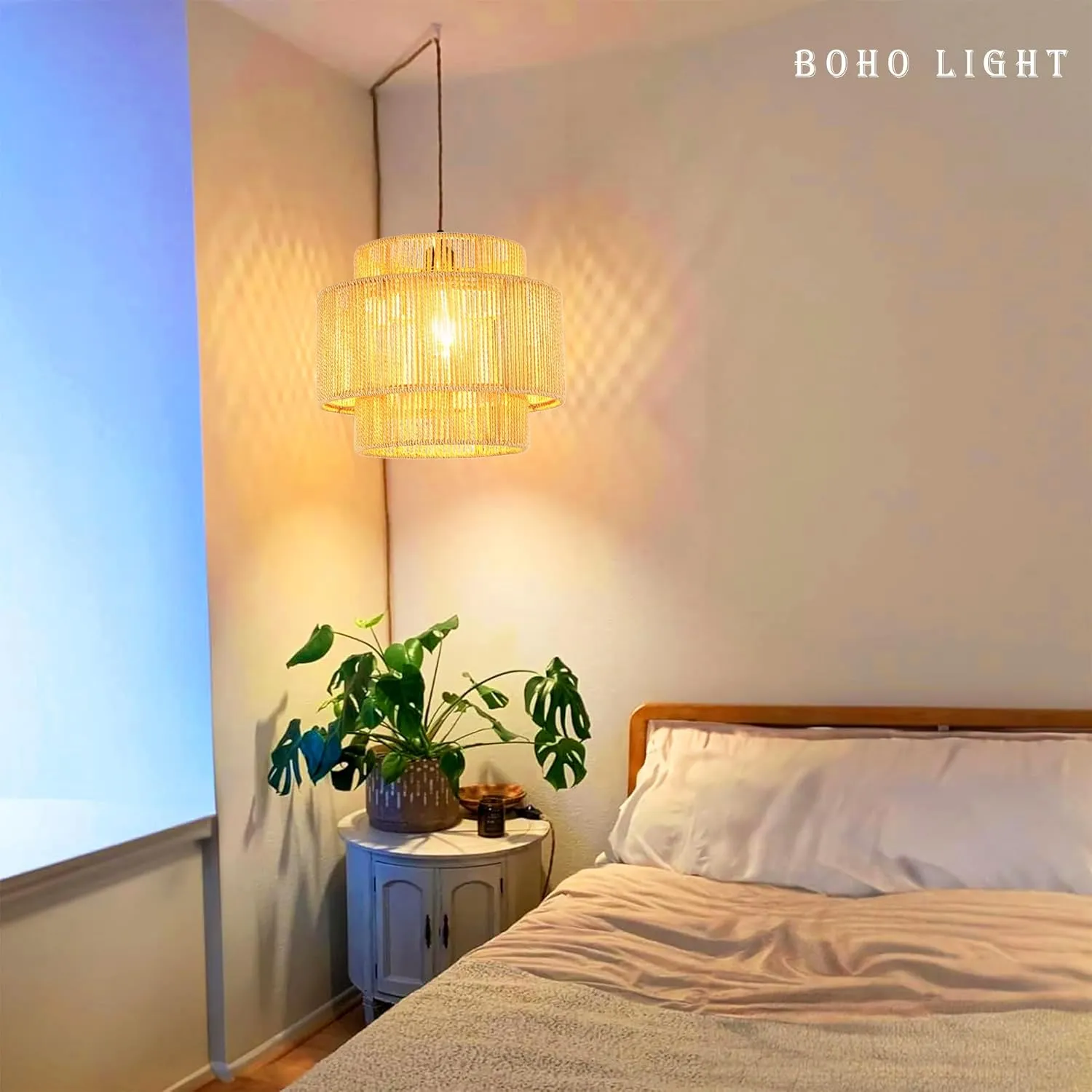 Plug in Pendant Light Hanging Lights with Plug in Cord Hanging Lamp Boho Rattan Dimmable Wicker Bamboo Woven Shade Hemp Rope Ceiling Light Fixture for Living Room Bedroom Kitchen