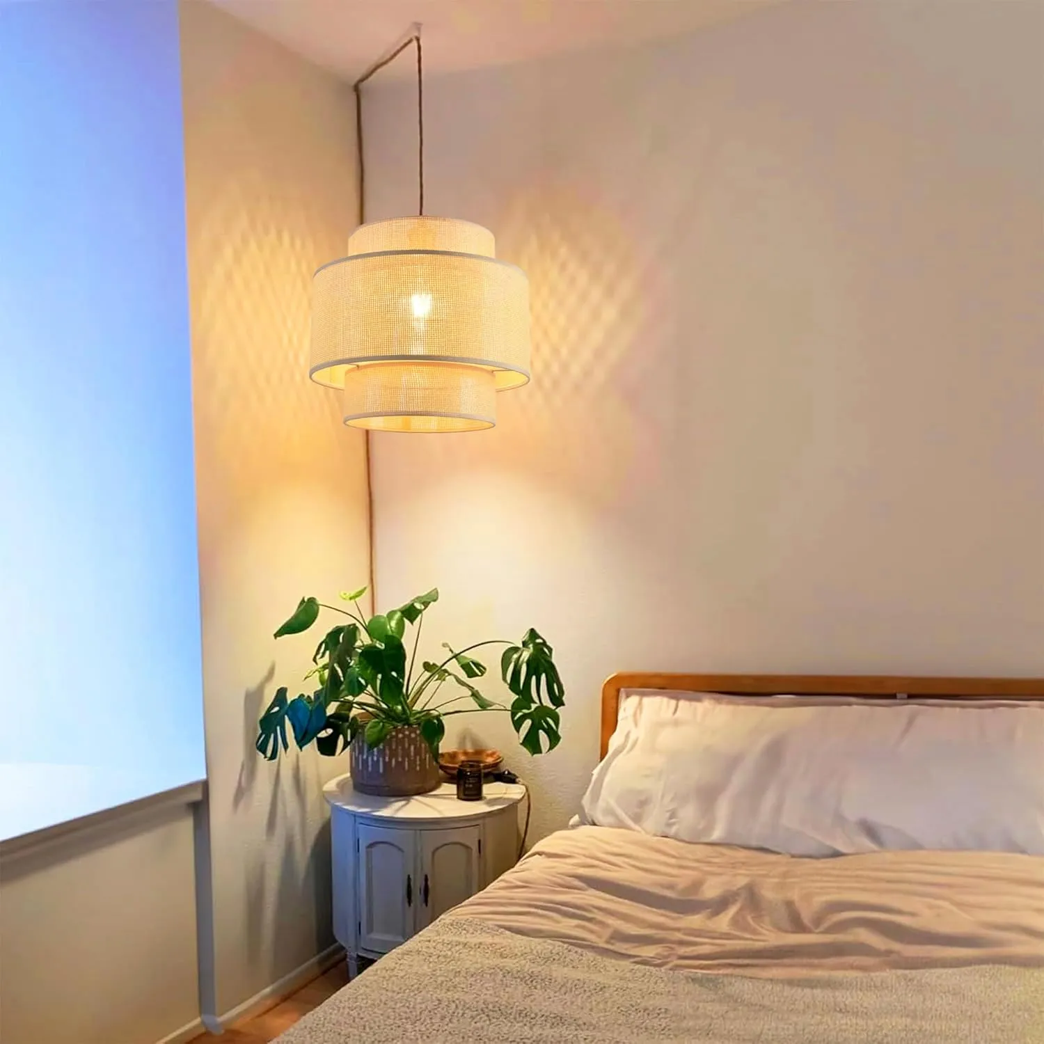 Plug in Pendant Light Hanging Lights with Plug in Cord Hanging Lamp Rattan Boho Dimmable,Wicker Bamboo Woven Lamp Shade, Plug in Ceiling Light Fixture for Farmhouse Living Room Bedroom Kitchen