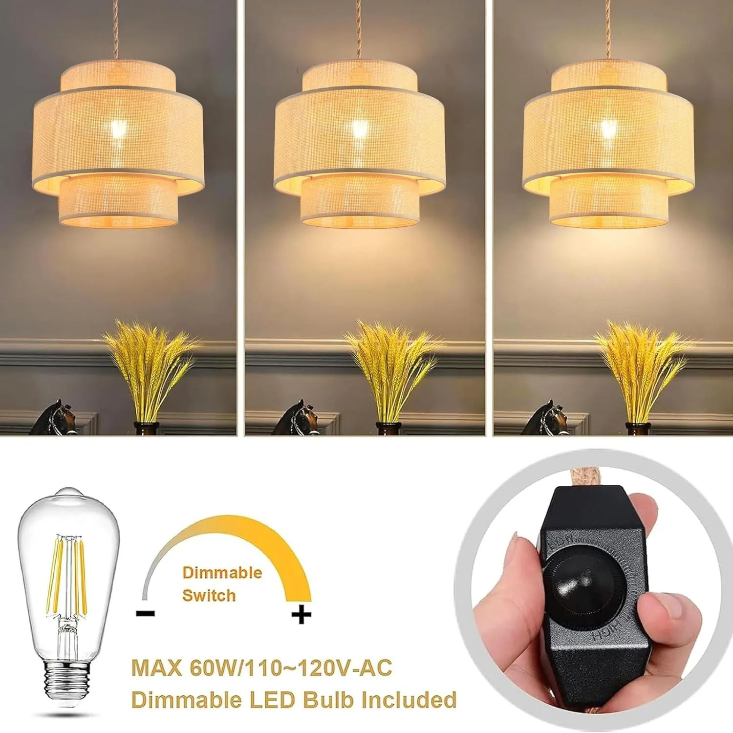 Plug in Pendant Light Hanging Lights with Plug in Cord Hanging Lamp Rattan Boho Dimmable,Wicker Bamboo Woven Lamp Shade, Plug in Ceiling Light Fixture for Farmhouse Living Room Bedroom Kitchen
