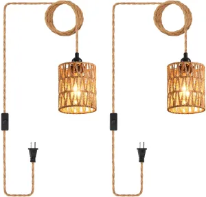 Plug in Pendant Light, Industrial Hanging Light with Plug in Cord Hemp Rope On/Off Switch Farmhouse Pendant Lamp with Plug in Cord, Vintage Hanging Lamps for Dining Room