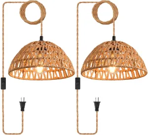 Plug in Pendant Light, Industrial Hanging Light with Plug in Cord Hemp Rope On/Off Switch Farmhouse Pendant Lamp with Plug in Cord, Vintage Hanging Lamps for Dining Room