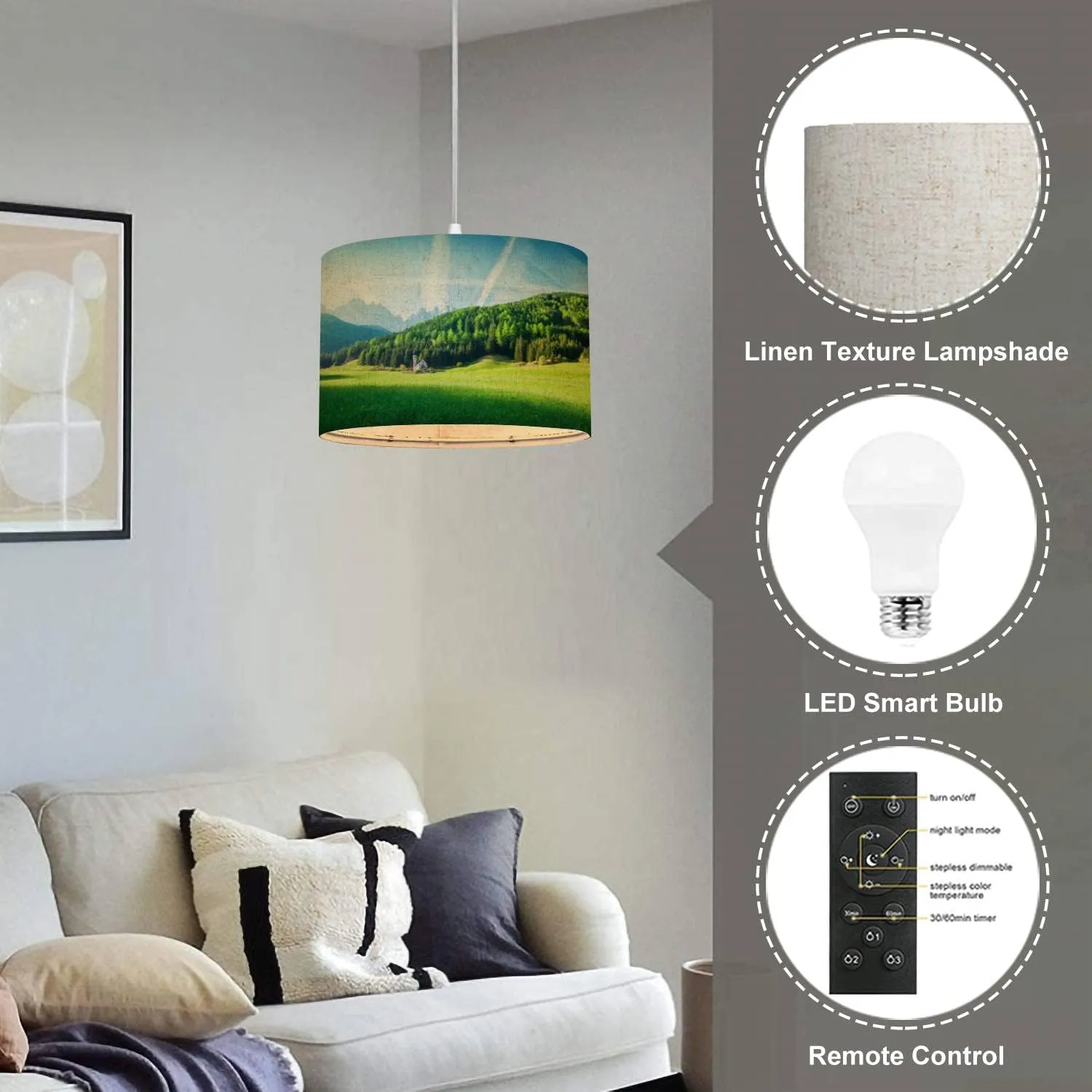 Plug in Pendant Light Landscape Green field Village Val di Funes Villnss Mountains Hanging Lamp with Plug in Clear Cord Linen Lampshade Dimmable Switch for Bedroom Living Room Light Fixtures