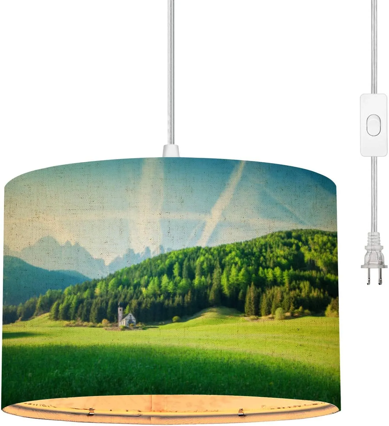 Plug in Pendant Light Landscape Green field Village Val di Funes Villnss Mountains Hanging Lamp with Plug in Clear Cord Linen Lampshade Dimmable Switch for Bedroom Living Room Light Fixtures