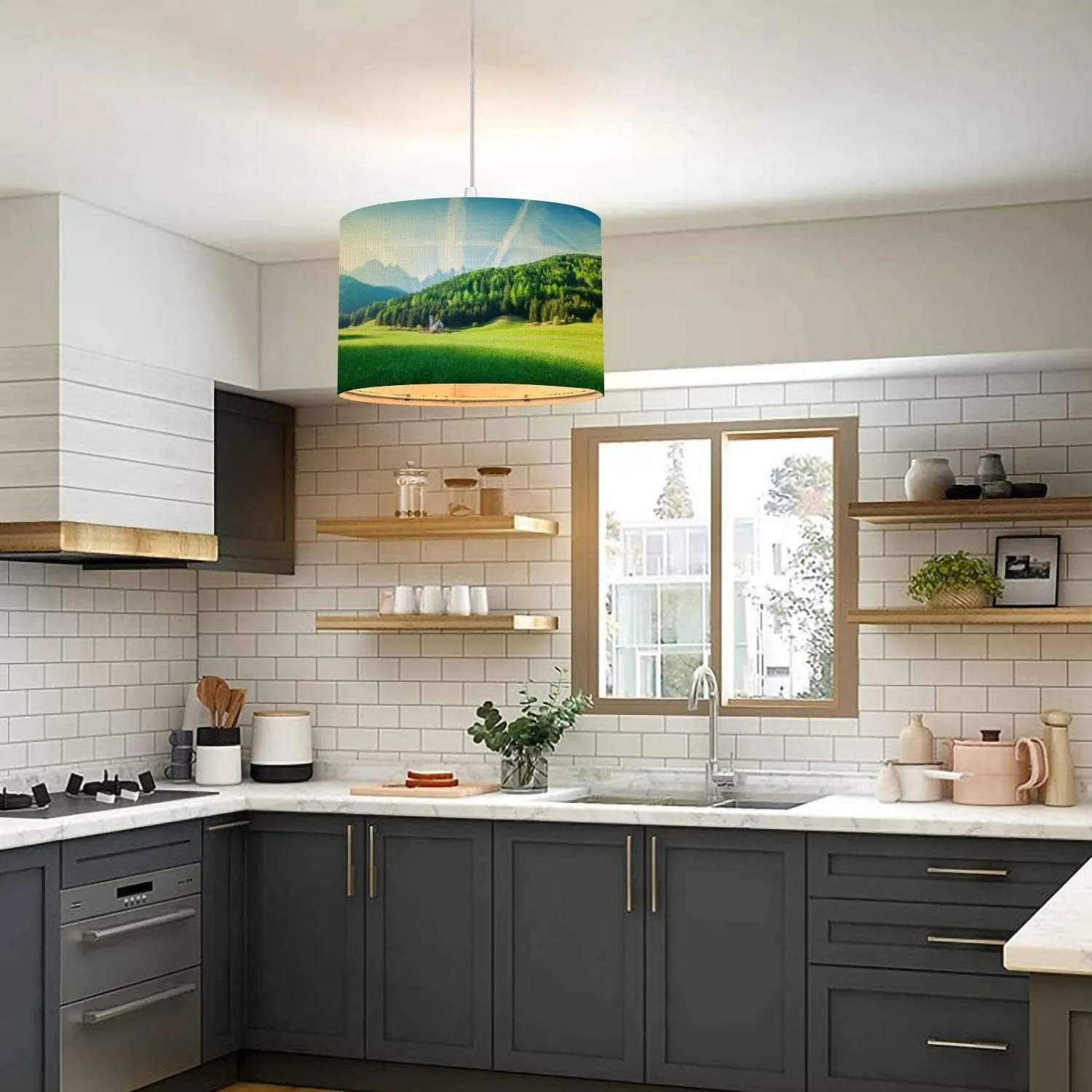 Plug in Pendant Light Landscape Green field Village Val di Funes Villnss Mountains Hanging Lamp with Plug in Clear Cord Linen Lampshade Dimmable Switch for Bedroom Living Room Light Fixtures