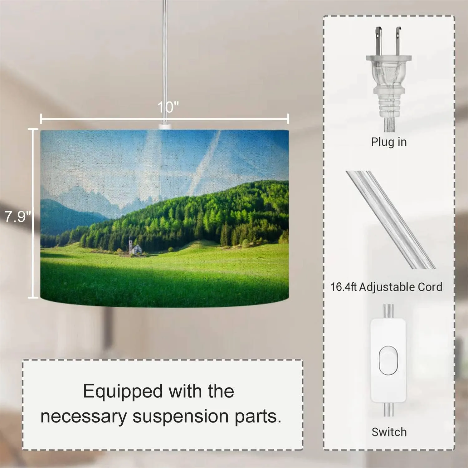 Plug in Pendant Light Landscape Green field Village Val di Funes Villnss Mountains Hanging Lamp with Plug in Clear Cord Linen Lampshade Dimmable Switch for Bedroom Living Room Light Fixtures
