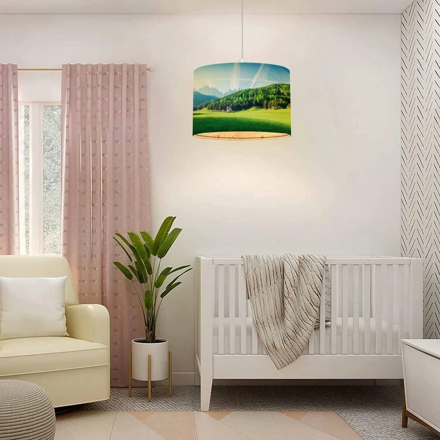 Plug in Pendant Light Landscape Green field Village Val di Funes Villnss Mountains Hanging Lamp with Plug in Clear Cord Linen Lampshade Dimmable Switch for Bedroom Living Room Light Fixtures