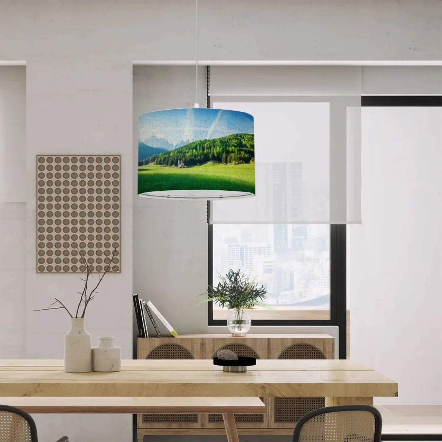Plug in Pendant Light Landscape Green field Village Val di Funes Villnss Mountains Hanging Lamp with Plug in Clear Cord Linen Lampshade Dimmable Switch for Bedroom Living Room Light Fixtures