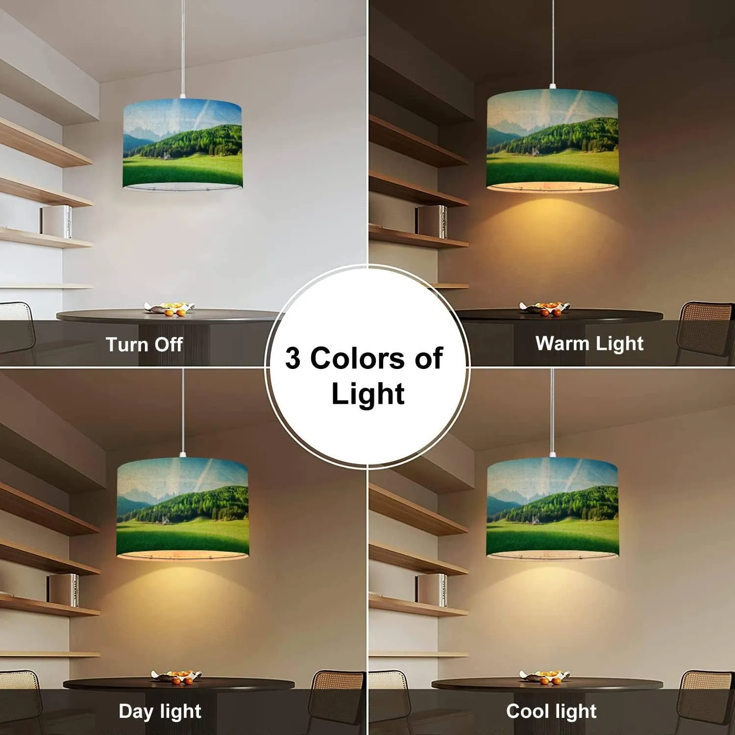 Plug in Pendant Light Landscape Green field Village Val di Funes Villnss Mountains Hanging Lamp with Plug in Clear Cord Linen Lampshade Dimmable Switch for Bedroom Living Room Light Fixtures