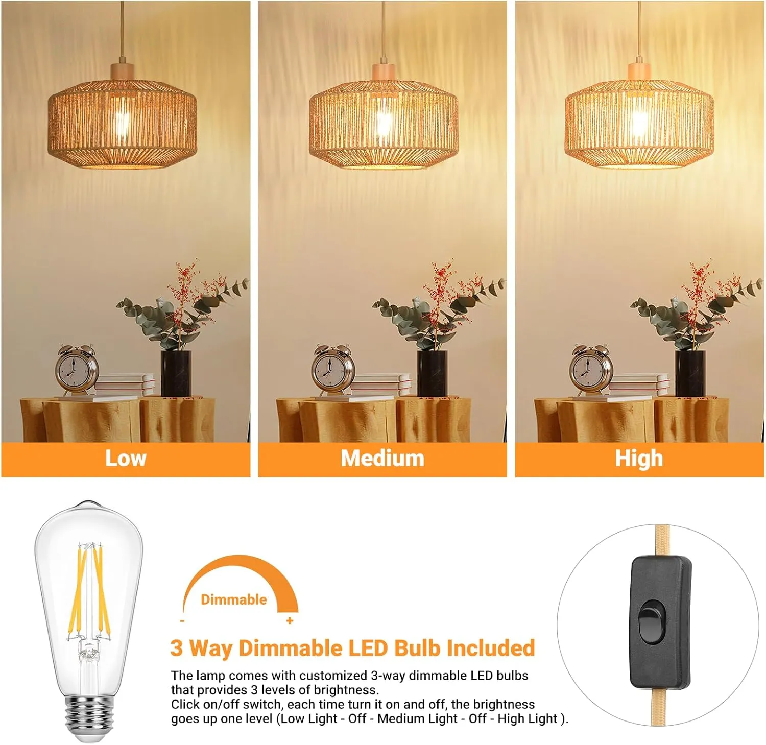 Plug in Pendant Light Paper Woven Rattan Hanging Lights Boho Hanging Lamp Rustic Farmhouse Pendant Lights for Kitchen Dining Room Bedroom Entryway, with 3-Way Dimmable Bulb (Woven-2)