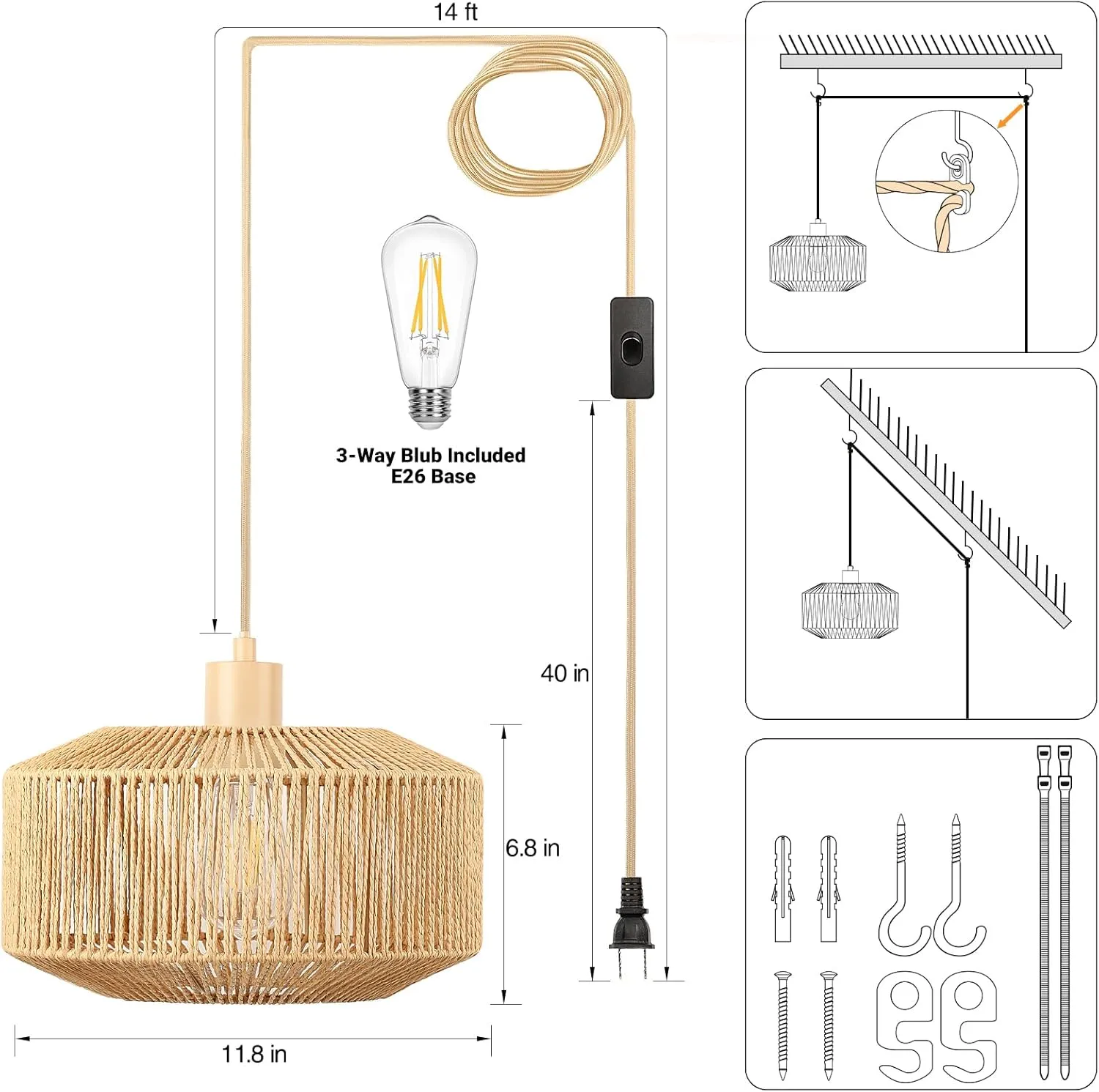 Plug in Pendant Light Paper Woven Rattan Hanging Lights Boho Hanging Lamp Rustic Farmhouse Pendant Lights for Kitchen Dining Room Bedroom Entryway, with 3-Way Dimmable Bulb (Woven-2)