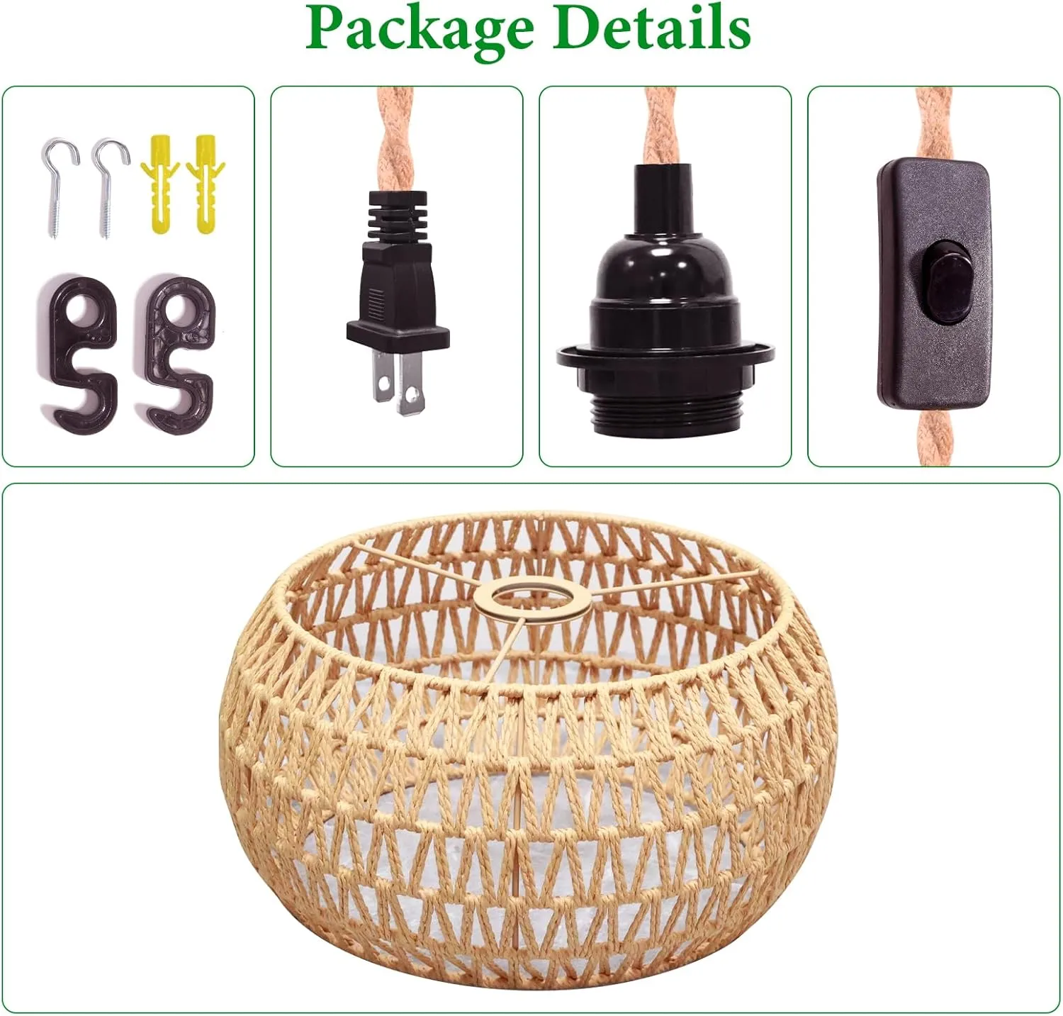 Plug in Pendant Light Rattan Hanging Lamp Pendant Light with on/Off Switch Rattan Woven Shade Hanging Lamp Plug in for Living Room Bedroom Farmhouse