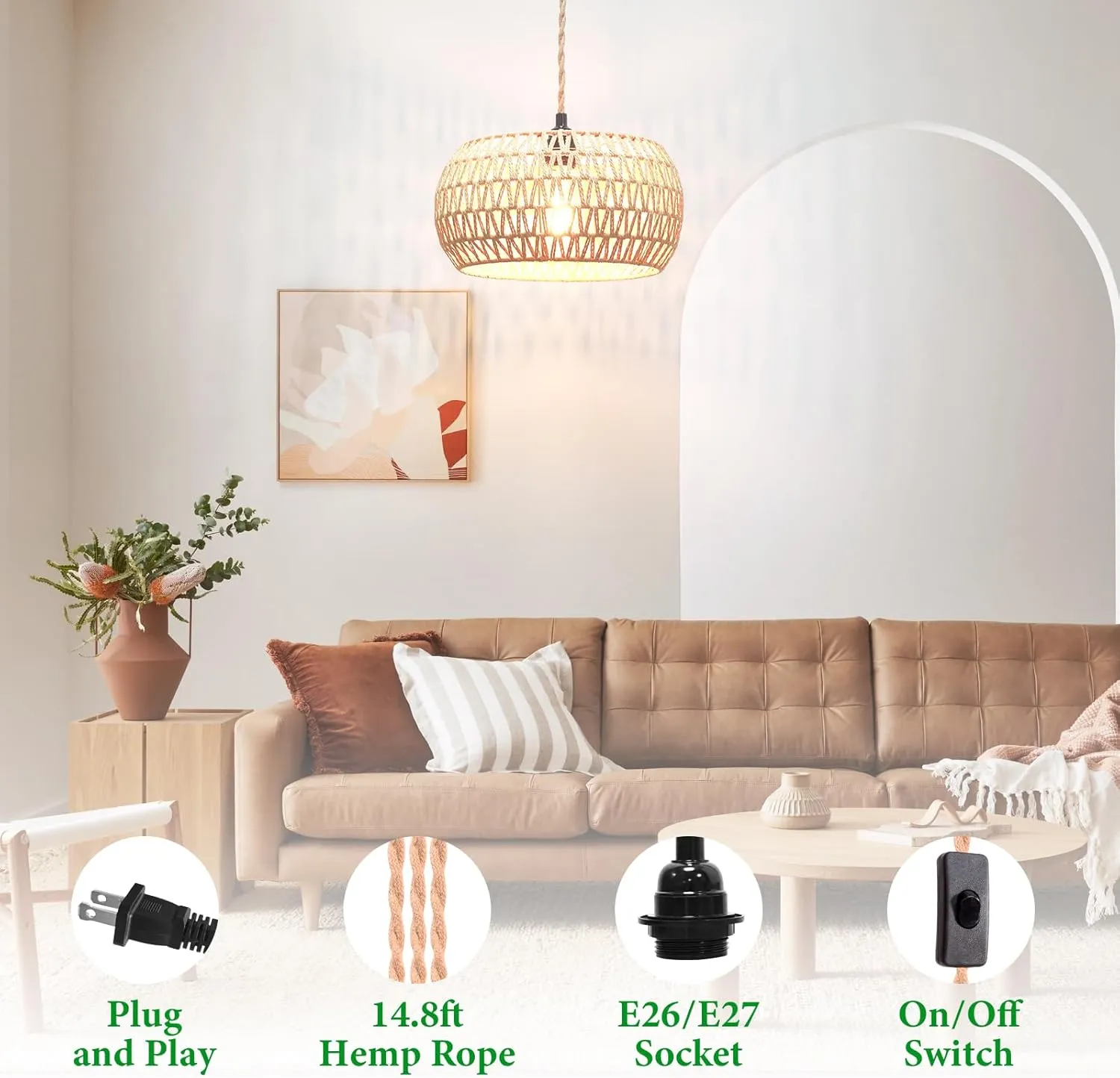 Plug in Pendant Light Rattan Hanging Lamp Pendant Light with on/Off Switch Rattan Woven Shade Hanging Lamp Plug in for Living Room Bedroom Farmhouse