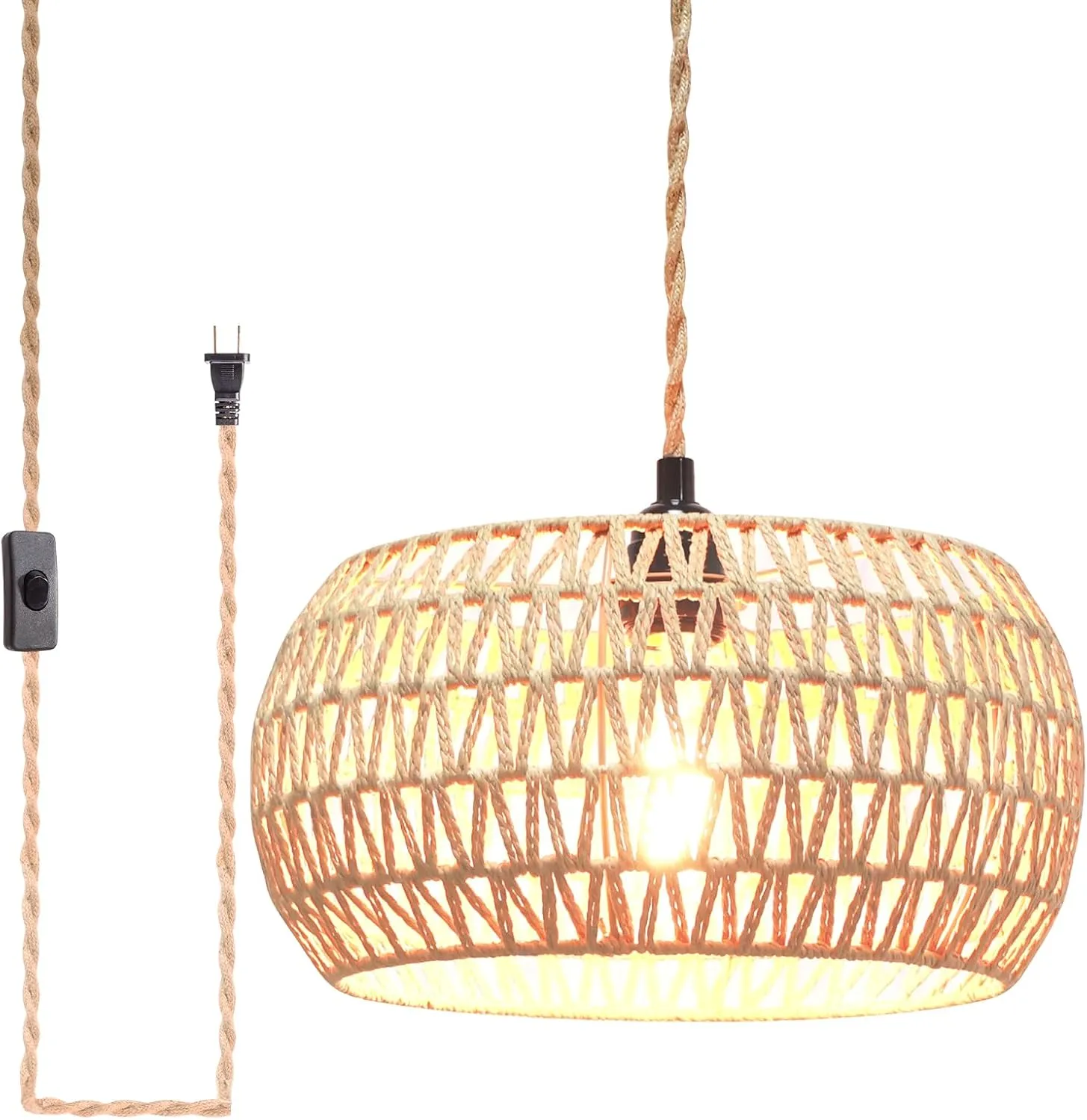 Plug in Pendant Light Rattan Hanging Lamp Pendant Light with on/Off Switch Rattan Woven Shade Hanging Lamp Plug in for Living Room Bedroom Farmhouse