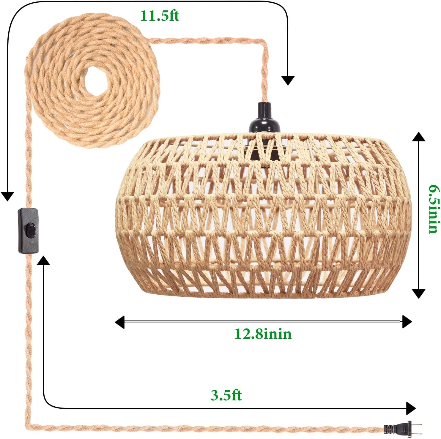 Plug in Pendant Light Rattan Hanging Lamp Pendant Light with on/Off Switch Rattan Woven Shade Hanging Lamp Plug in for Living Room Bedroom Farmhouse
