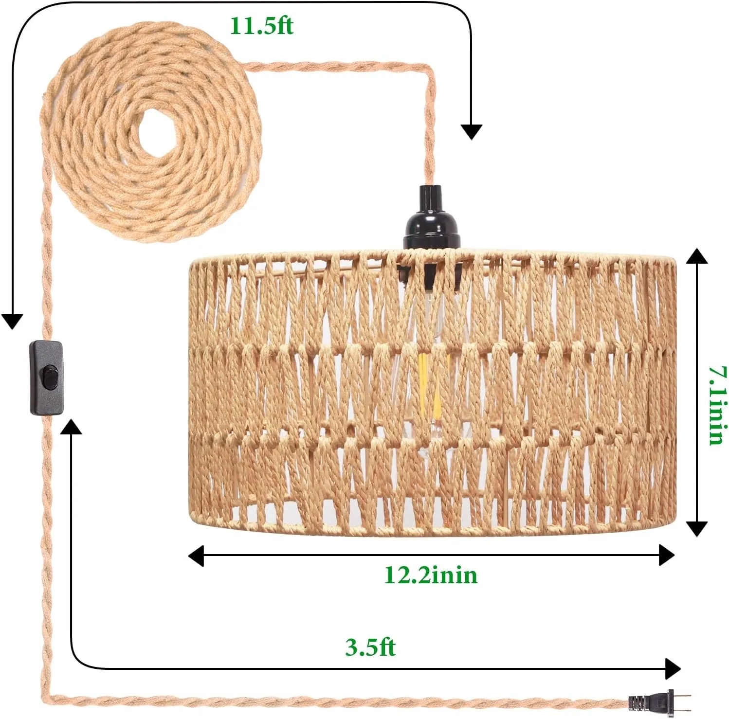 Plug in Pendant Light Rattan Hanging Lamp Pendant Light with on/Off Switch,Rattan Woven LampShade Hanging Lamp Plug in for Living Room,Bedroom,Farmhouse