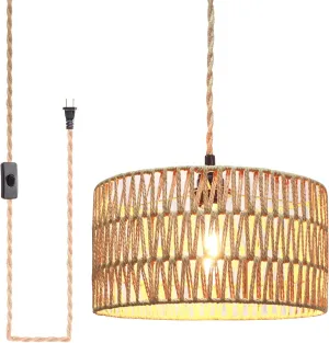 Plug in Pendant Light Rattan Hanging Lamp Pendant Light with on/Off Switch,Rattan Woven LampShade Hanging Lamp Plug in for Living Room,Bedroom,Farmhouse