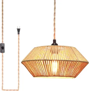 Plug in Pendant Light Rattan Hanging Lamp, Rattan Pendant Light with on/Off Switch,Rattan Woven LampShade Hanging Lamp Plug in for Living Room,Bedroom,Farmhouse