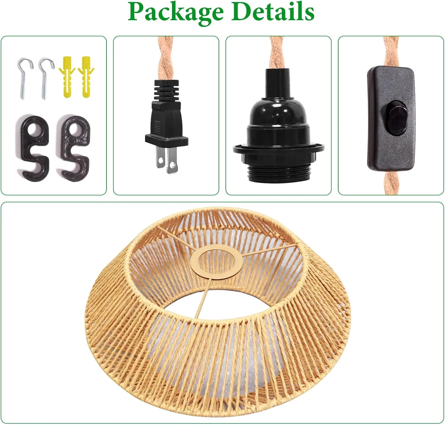 Plug in Pendant Light Rattan Hanging Lamp, Rattan Pendant Light with on/Off Switch,Rattan Woven LampShade Hanging Lamp Plug in for Living Room,Bedroom,Farmhouse