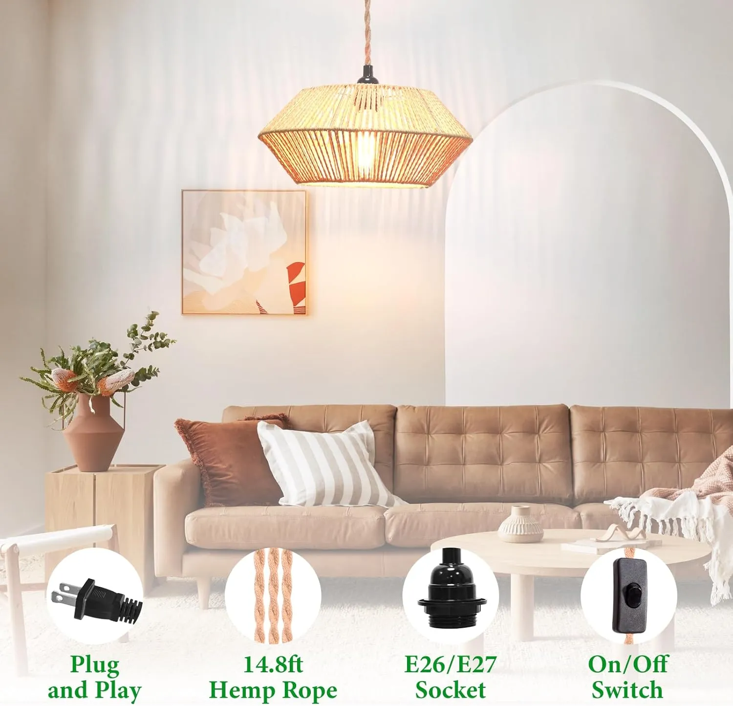 Plug in Pendant Light Rattan Hanging Lamp, Rattan Pendant Light with on/Off Switch,Rattan Woven LampShade Hanging Lamp Plug in for Living Room,Bedroom,Farmhouse