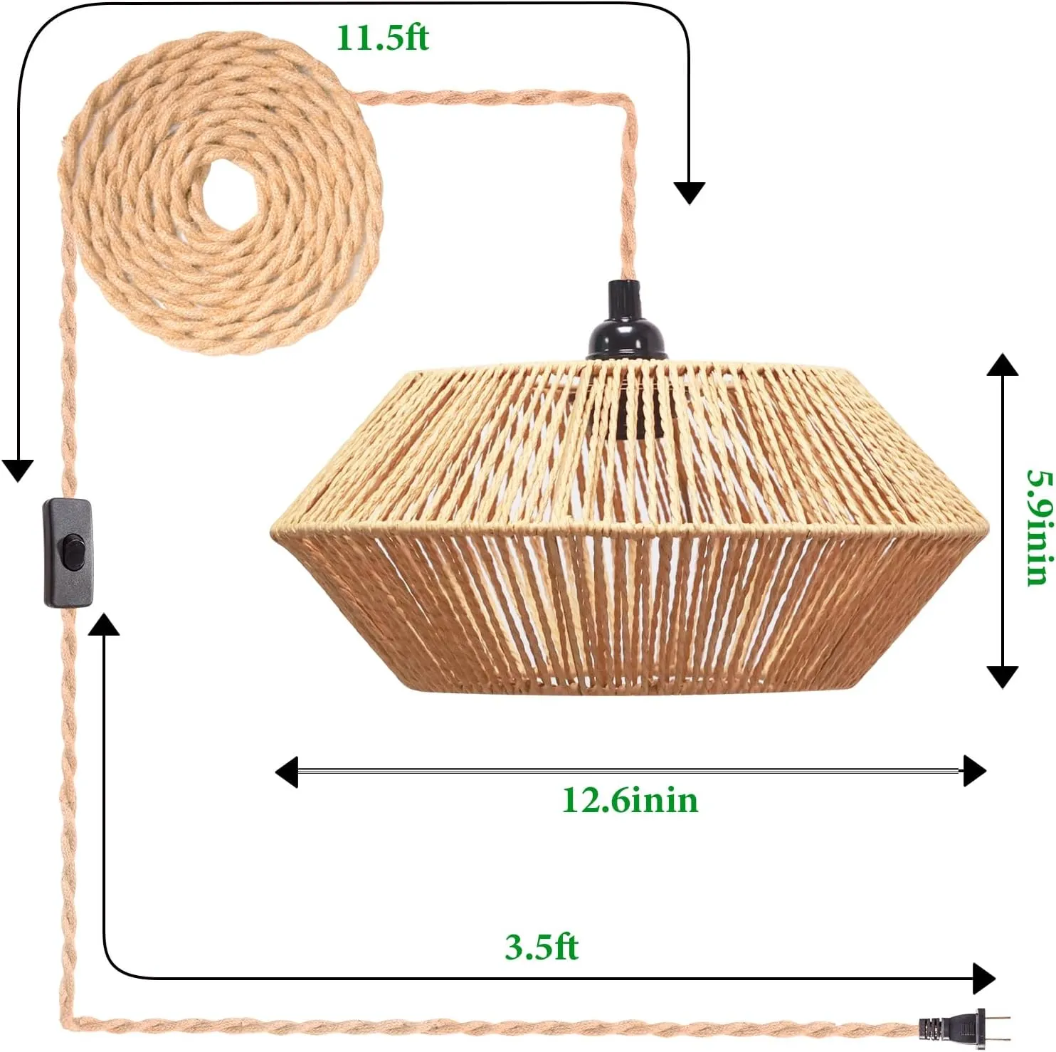 Plug in Pendant Light Rattan Hanging Lamp, Rattan Pendant Light with on/Off Switch,Rattan Woven LampShade Hanging Lamp Plug in for Living Room,Bedroom,Farmhouse