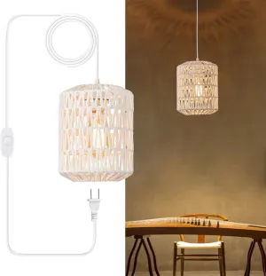 Plug in Pendant Light, Rattan Hanging Lights with Plug in Cord 15ft Dimmable Cord, Hand Woven Wicker Lampshade Hanging Lamp, Boho Plug in Hanging Ceiling Light Fixture for Farmhouse Bedroom White