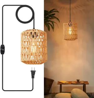 Plug in Pendant Light, Rattan Hanging Lights with Plug in Cord 15ft Dimmable Cord, Hand Woven Wicker Lampshade Hanging Lamp, Boho Plug in Hanging Ceiling Light Fixture for Farmhouse Bedroom