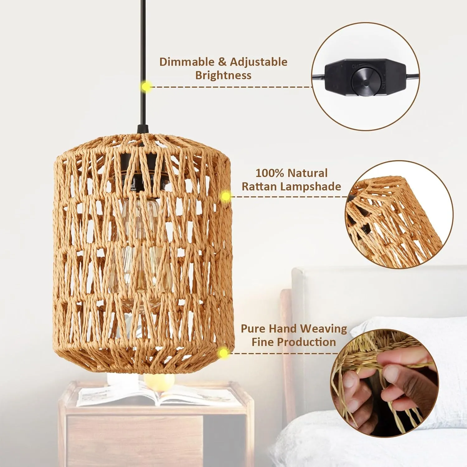 Plug in Pendant Light, Rattan Hanging Lights with Plug in Cord 15ft Dimmable Cord, Hand Woven Wicker Lampshade Hanging Lamp, Boho Plug in Hanging Ceiling Light Fixture for Farmhouse Bedroom