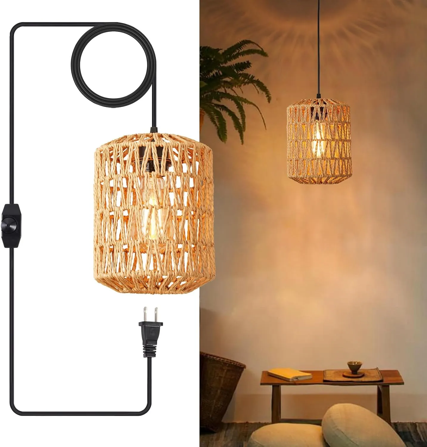 Plug in Pendant Light, Rattan Hanging Lights with Plug in Cord 15ft Dimmable Cord, Hand Woven Wicker Lampshade Hanging Lamp, Boho Plug in Hanging Ceiling Light Fixture for Farmhouse Bedroom