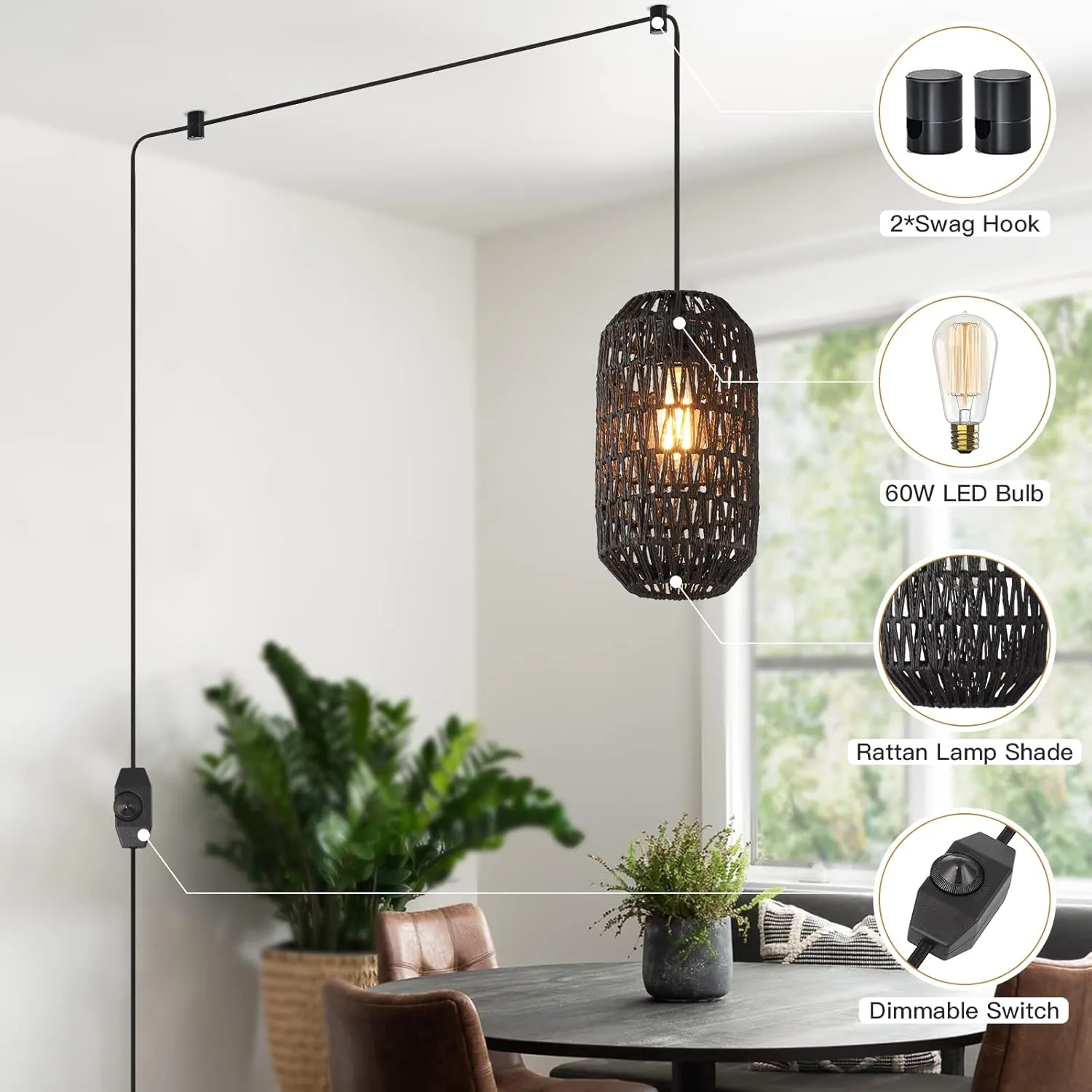 Plug in Pendant Light Rattan Hanging Lights with Plug in Cord 15ft Dimmable Cotton Cord Wicker Boho Hanging Lamps for Kitchen Island Living Room Bedroom Black Light Fixtures (Black-B)