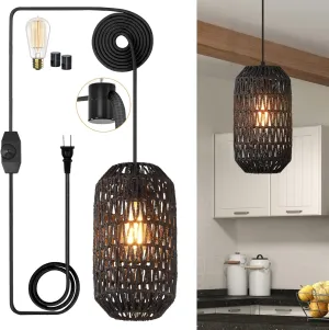 Plug in Pendant Light Rattan Hanging Lights with Plug in Cord 15ft Dimmable Cotton Cord Wicker Boho Hanging Lamps for Kitchen Island Living Room Bedroom Black Light Fixtures (Black-B)