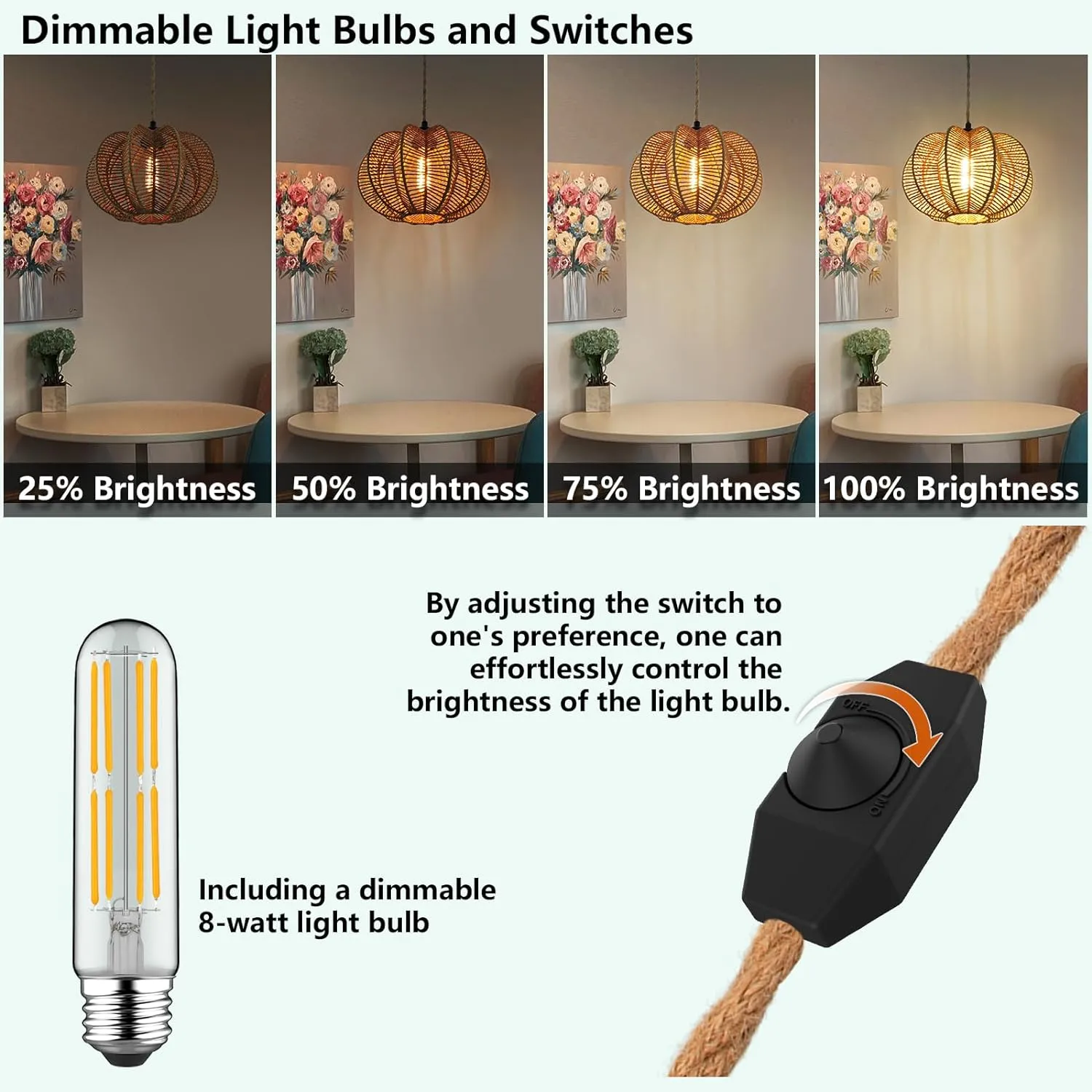 Plug in Pendant Light Rattan Hanging Lights with Plug in Cord 15FT Hemp Rope Cord, Dimmable Switch – Indoor Hanging Lamps for Boho Living Room Bedroom（Bulb Included） 11 x 7 inch